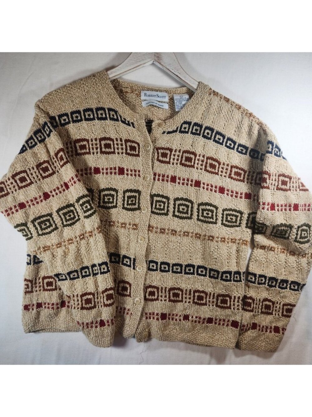 Robert Scott Vintage Hand Knitted Linen Cotton Cardigan Sweater Beige Geometric